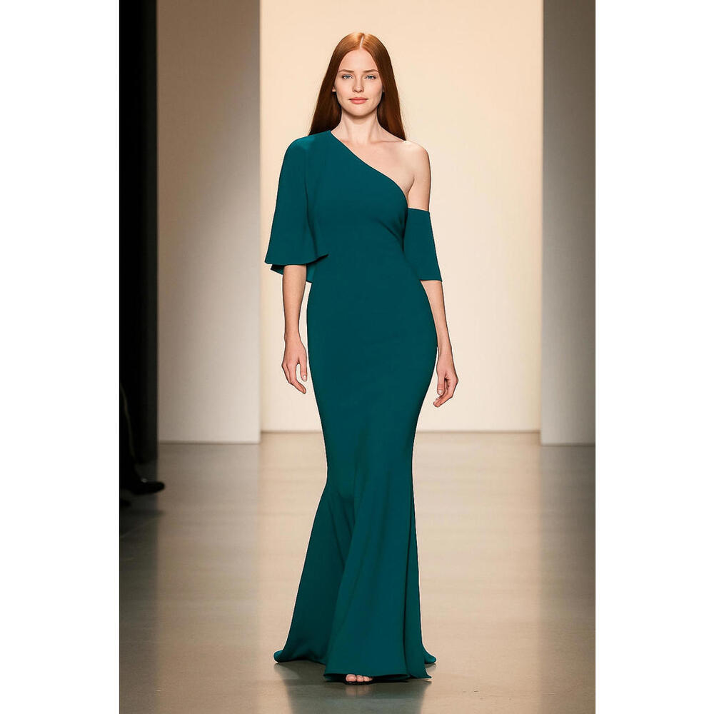 Badgley Mischka Stretch-Crepe Cape Gown $695 Teal Sleeves sz 0 Runway Prom Gala - Picture 1 of 5